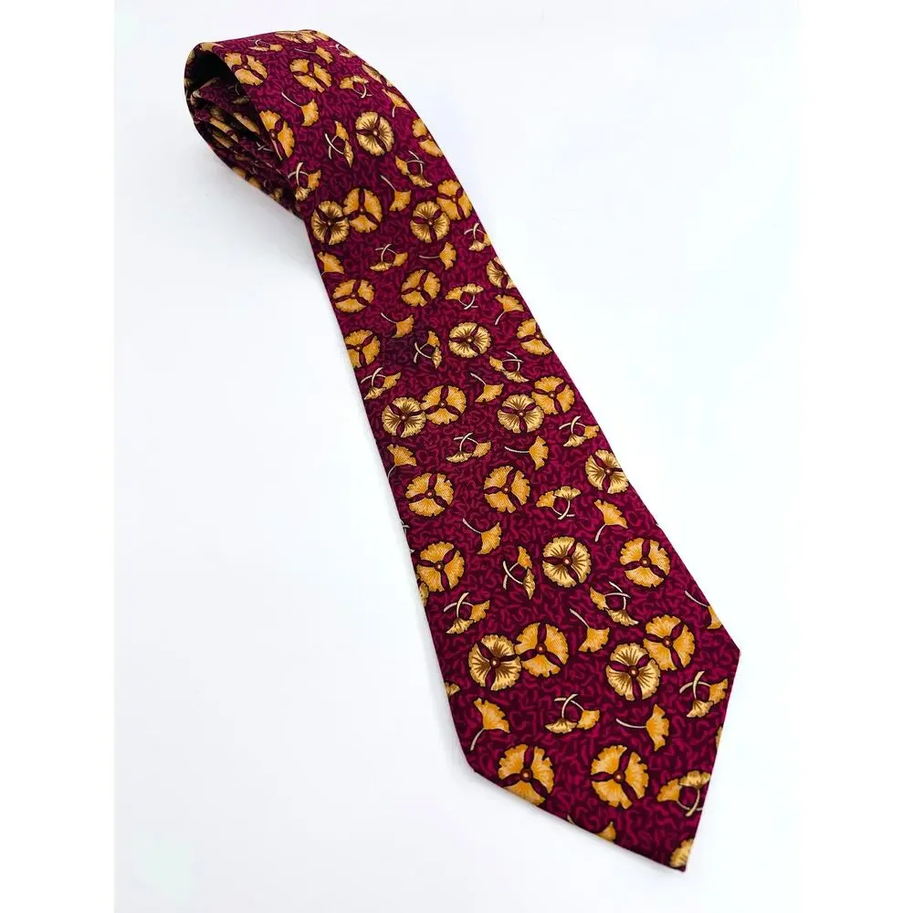 Hermes Burgundy and‎ Yellow Floral Motif Silk Tie